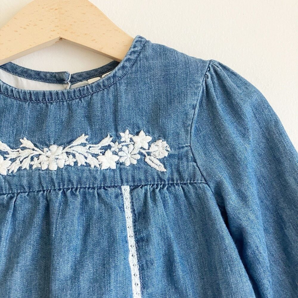 Janie and Jack Chambray Blouse Baby Girl 18-24M Floral Embroidered Long Sleeve - Picture 4 of 7